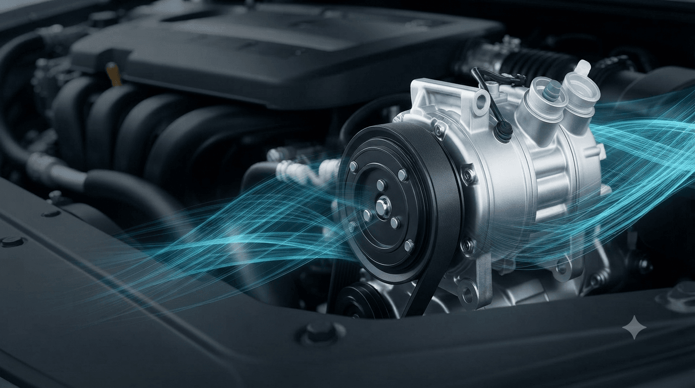 Compresor de aire acondicionado automotor instalado en el motor de un vehículo